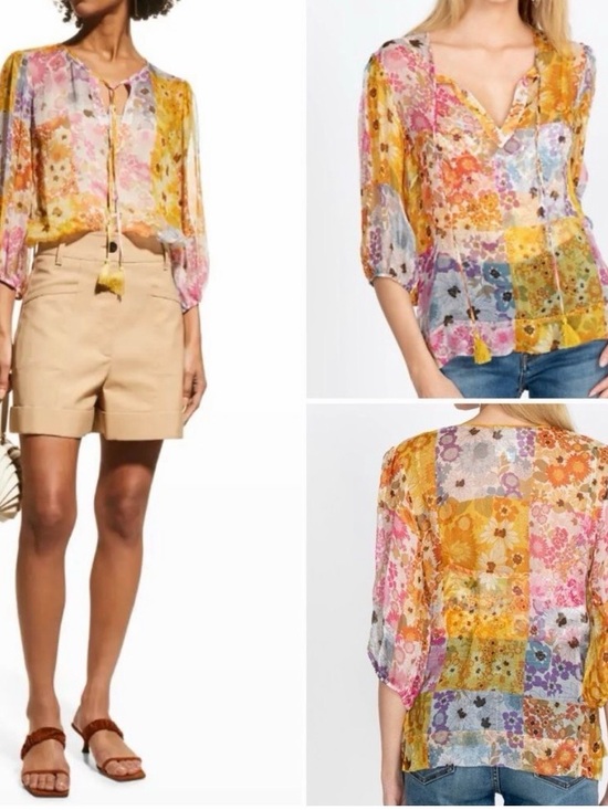 Johnny Was Tops - Johnny Was Jade Silk Becky Sheer Floral Tie-Neck Blouse in Yellow and Pink
